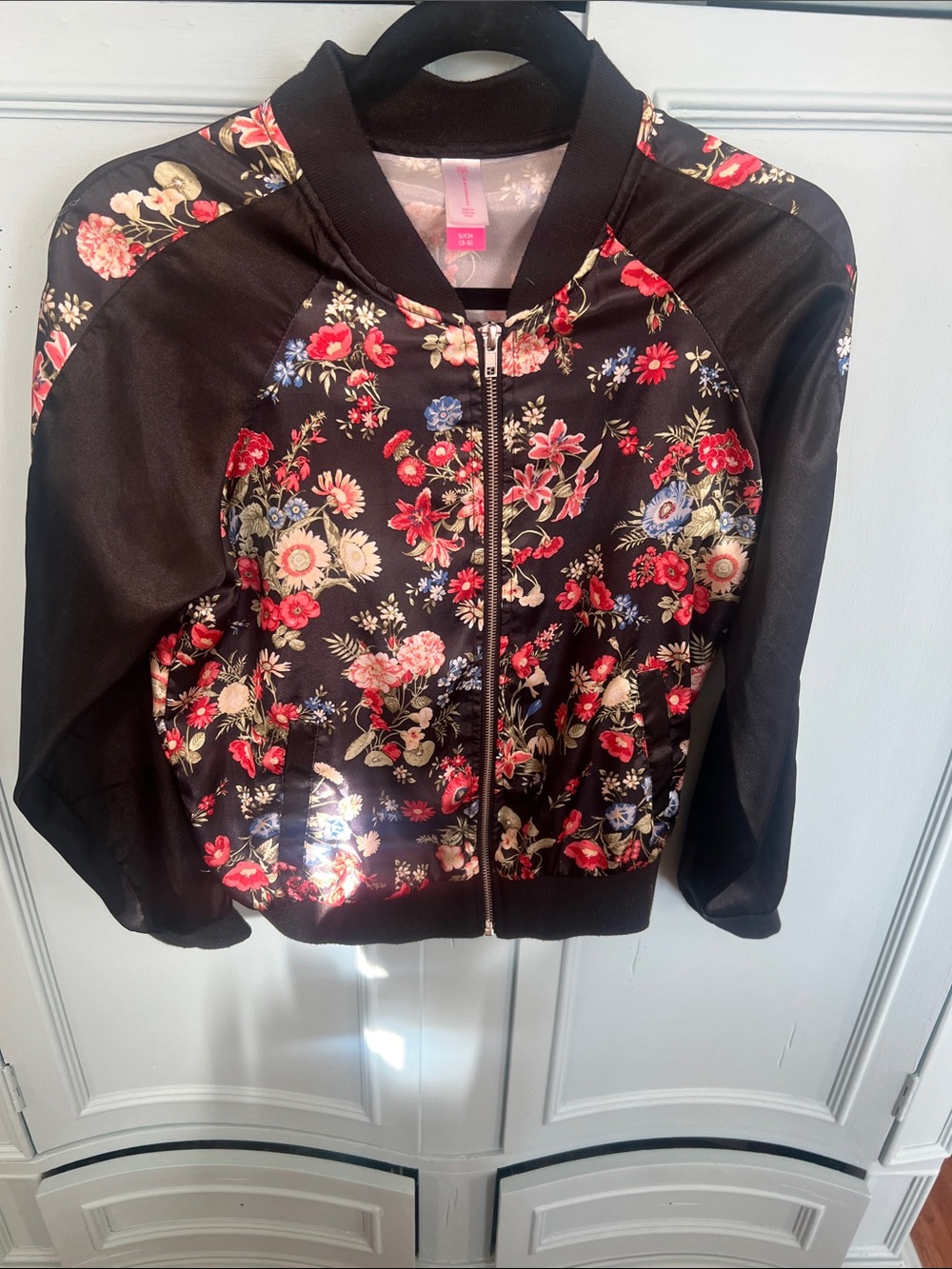 No Boundaries Black Satin Bomber Jacket with Red, Pink & Blue Floral Print